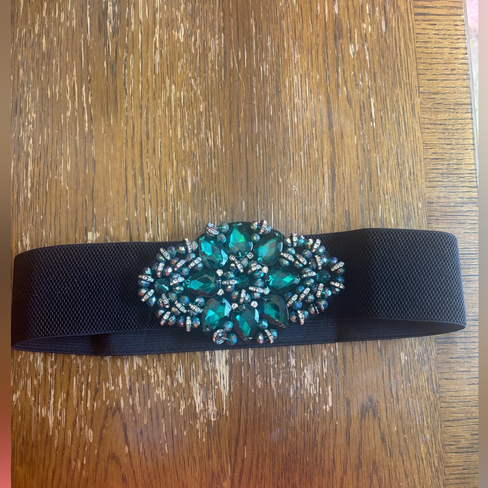 Black Belt with Green Gemstone Embellishment